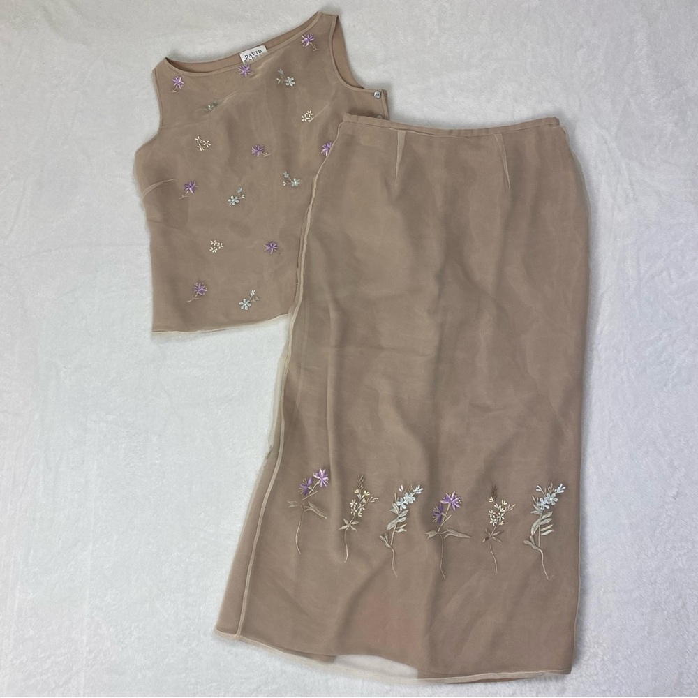 Vintage David Warren Embroidered Floral Tan Maxi Two Piece Dress Size 10